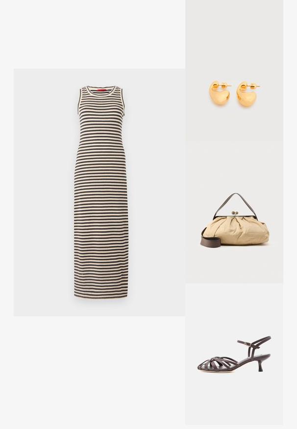 Stribet maxi kjole med tætsiddende design, uden ærmer og rund halsudskæring. Farverne inkluderer sort og beige i vandrette striber.; Mørkebrun læder sandal med smalle remme, kitten heel og justerbar ankelrem med spænde på hvid baggrund.; Beige stofpose med et samlet design, brunt læderhåndtag og to runde metal-lukninger øverst. Justerbar brun rem medfølger.; Par af små, robuste ørestikker i guldfarvet metal med glatte, buede, abstrakte former på en lys baggrund.