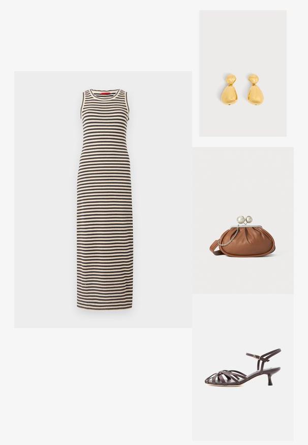 Gestreepte maxi-jurk met een aansluitend ontwerp, mouwloos en met een ronde hals. Kleuren zijn zwart en beige in horizontale strepen.; Donkerbruine leren sandaal met bandjes en kitten heel, verstelbare gesp rond de enkel, op witte achtergrond.; Bruine leren clutch met een zilveren balsluiting en een klein zilveren kettingdetail op een witte achtergrond.; Paar glanzende gouden druppelvormige oorbellen met een kleiner afgerond bovenstuk verbonden met een groter peer-vormig onderstuk.