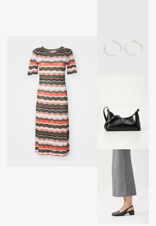 Robe tricotée avec un col rond et des manches courtes. Présente des motifs en zigzag en orange, blanc et vert, avec une texture tricotée ajourée.; Chaussures slingback en cuir noir avec bout pointu, talon bloc et accent de talon rose contrastant. Texture lisse avec un design minimaliste.; Sac à main en cuir noir avec une texture lisse. Dispose d'une bandoulière adjustable et d'un design élégant et minimaliste avec une fermeture éclair.; Paire de boucles d'oreilles créoles argentées brillantes avec fermoirs en fil fin, présentée sur un fond gris clair.