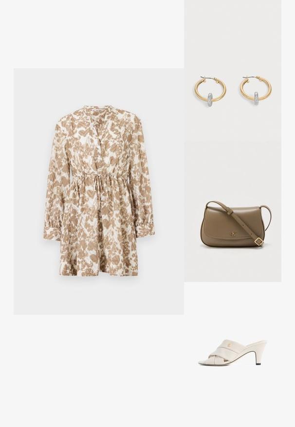 Braunes und cremefarbenes gemustertes Kleid mit langen Ärmeln, einem runden Ausschnitt, Knopfleiste und verstellbarem Kordelzug in der Taille.; Beige High-Heeled Mules mit verdrehtem Leder- Riemen-Design, offenen Zehen und geprägt logo Akzent. Die Ferse hat eine schwarze Spitze Detail.; Braune Leder-Umhängetasche mit geschwungener Form, ausgestattet mit einem goldenen "cK"-Logo und einem verstellbaren Riemen. Glatte Textur, minimalistisches Design.; Paar goldfarbene Creolen mit kleinem silberfarbenem Schlaufen-Detail an jeder, vor hellem grauem Hintergrund präsentiert.