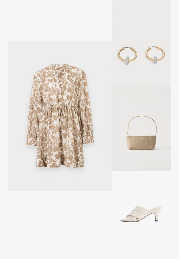 Robe à motifs marron et crème, avec des manches longues, un col rond, une fermeture à boutons sur le devant et une taille à cordon pour un ajustement réglable.; Mules à talons hauts beiges avec un design de bride en cuir torsadé, bout ouvert et motif de logo en relief. Le talon présente un détail d'embout noir.; Sac à main tissé beige avec fine bandoulière et petit logo doré "BOSS" à l'avant, présenté sur fond blanc uni.; Paire de boucles d'oreilles créoles dorées avec un petit détail boucle ton argent sur chaque, exposées sur fond gris clair.