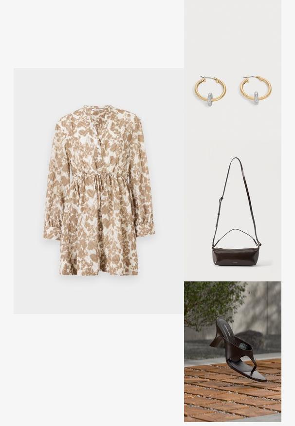 Vestido marrón y crema con estampado, que presenta mangas largas, escote redondo, botonadura frontal y cintura con cordón ajustable para un ajuste personalizado.; Sandalia de tiras con tacón marrón de Calvin Klein suspendida sobre suelo exterior de loseta de madera y grava, con fondo desenfocado de vegetación y piedras.; Pequeño bolso de hombro de cuero marrón oscuro brillante con correa ajustable, asa superior y cierre de cremallera dorado.; Par de pendientes de aro en tono dorado con pequeño detalle de aro en tono plateado en cada uno, expuestos sobre un fondo gris claro.