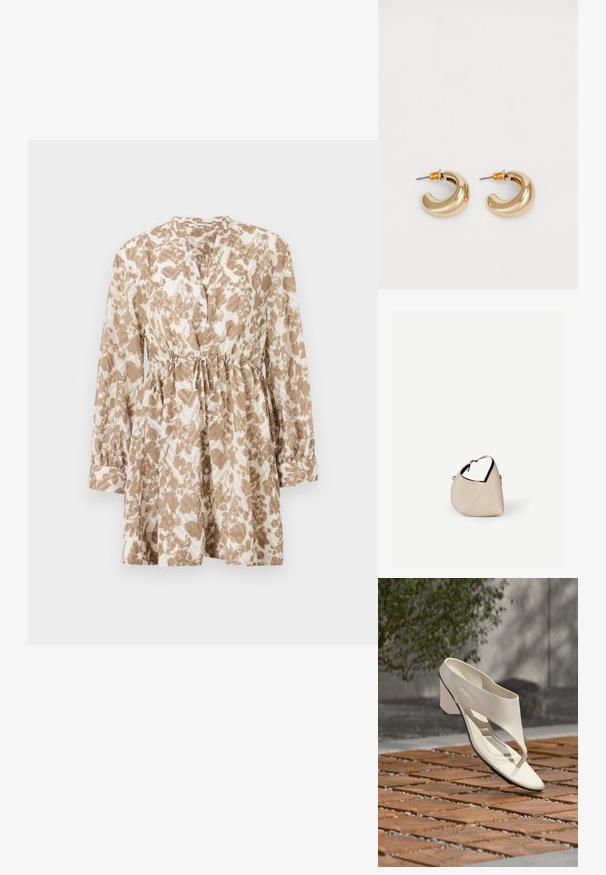 Braunes und cremefarbenes gemustertes Kleid mit langen Ärmeln, einem runden Ausschnitt, Knopfleiste und verstellbarem Kordelzug in der Taille.; Weißer Ledersandalette mit hohem Absatz, breitem Riemen und Zehensteg, im Freien auf einer Holz- und Kiesfliesenfläche mit Grün im Hintergrund gezeigt.; Beige Ledertasche in Halbmondform mit einem einzelnen Schulterriemen und minimaler Nahtgestaltung, vor einem schlichten weißen Hintergrund.; Zwei glänzende goldene Creolen in einem geschwungenen Design mit orangefarbenen Akzenten nahe dem Stecker, vor einem schlichten weißen Hintergrund.
