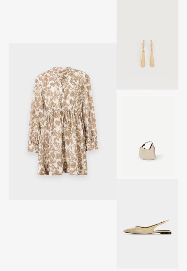 Vestido marrón y crema con estampado, que presenta mangas largas, escote redondo, botonadura frontal y cintura con cordón ajustable para un ajuste personalizado.; Zapato plano beige con puntera puntiaguda, diseño slingback, tacón bajo negro y acabado en cuero liso, mostrado de perfil sobre un fondo liso.; Bolso de cuero beige en forma de media luna con una sola correa para el hombro y costuras mínimas, colocado sobre un fondo blanco liso.; Pendientes colgantes en tono dorado con colgantes alargados y suaves en forma de lágrima, colgando de cierres de aros pequeños sobre un fondo blanco.