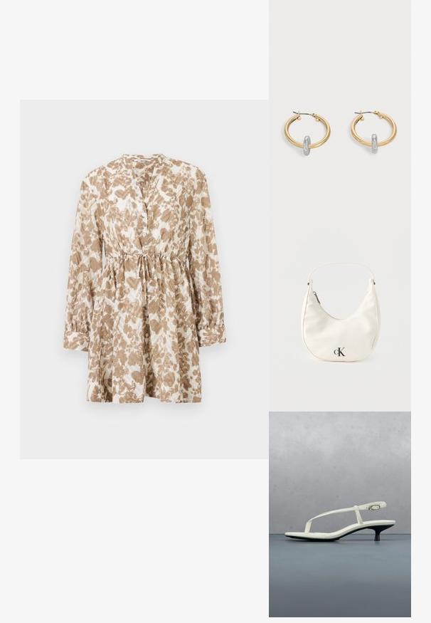 Vestido marrón y crema con estampado, que presenta mangas largas, escote redondo, botonadura frontal y cintura con cordón ajustable para un ajuste personalizado.; Sandalia blanca de tacón kitten con tiras y punta afilada, flotando sobre un suelo de baldosas de madera al aire libre, con un fondo desenfocado de plantas y pared.; Pequeño bolso blanco en forma de media luna con correa corta, cierre de cremallera y logo negro "cK" en el frente.; Par de pendientes de aro en tono dorado con pequeño detalle de aro en tono plateado en cada uno, expuestos sobre un fondo gris claro.
