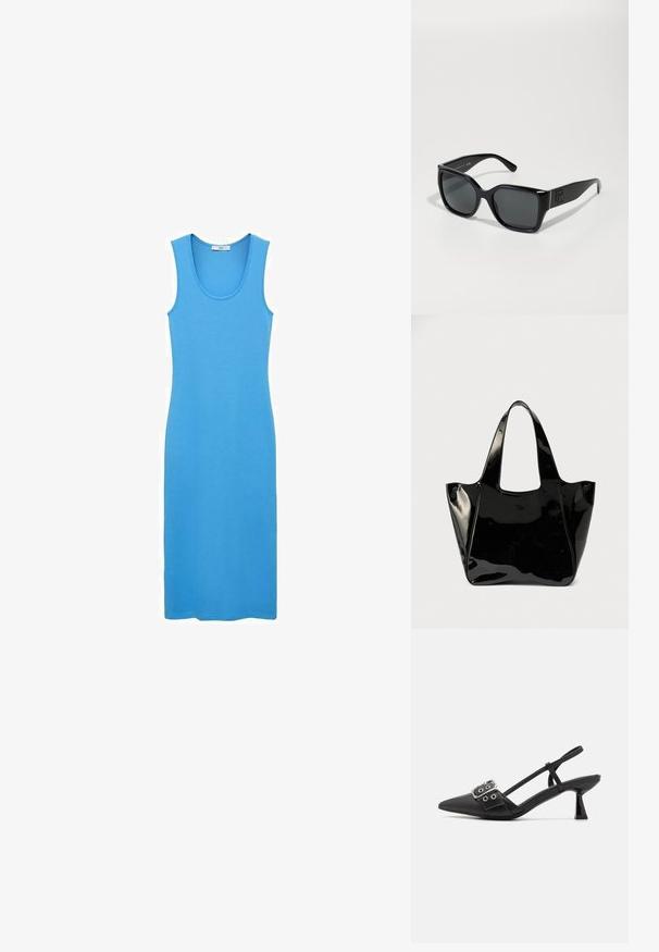 Blauwe tankjurk van soepel, rekbaar materiaal, met een ronde halslijn en een aansluitende, enkellange snit. Geen zichtbare patronen of hardware.; Simmi London DALA - Klassieke pumps - black; Zwarte zonnebril met vierkante montuur, donker getinte glazen en een glanzende afwerking. Voorzien van een subtiele logodetail op de arm.; Zwarte glanzende leren totebag met brede handvatten en een klein ovaal logo aan de voorkant, weergegeven tegen een effen achtergrond.