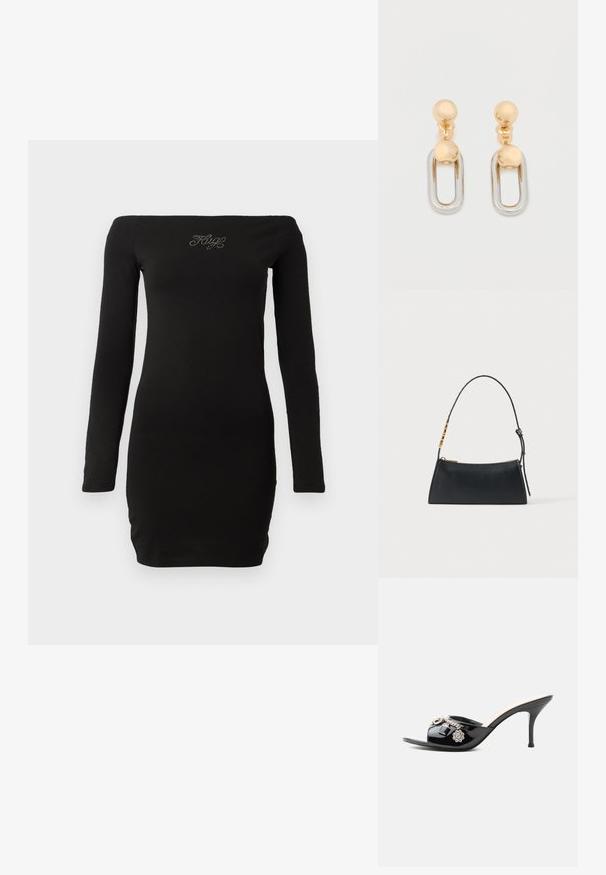 Zwarte off-the-shoulder jurkje met lange mouwen, aansluitend ontwerp, gemaakt van zachte stof, met versierde tekst op de borst.; Zwarte lakleren mule met hoge hak, open teen en decoratieve zilveren bedels, waaronder een bloem en hangslot op de voorste band.; Zwarte leren handtas met een gouden ritssluiting en verstelbare band met gouden rechthoekige details op een witte achtergrond.; Gouden en zilveren oorbellen met een bolvormige bovenzijde en een langwerpig, ovaalvormig hangend element met een glanzende afwerking.