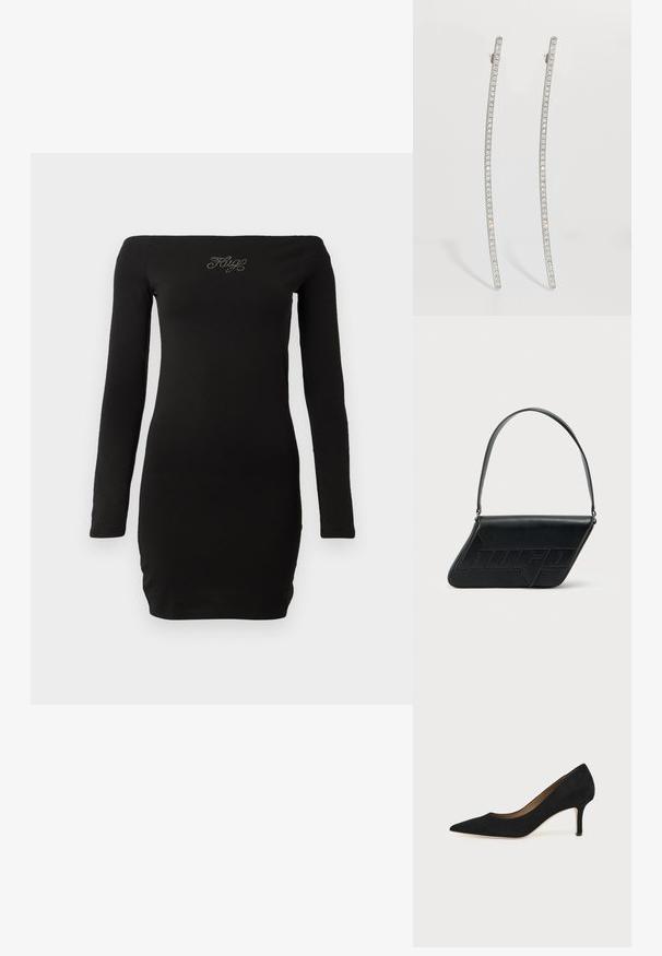 Vestido negro de manga larga y hombros al aire, diseño ajustado, hecho de una tela suave, cuenta con texto adornado en el pecho.; Salón de ante negro con punta puntiaguda, tacón de aguja delgado de altura media y diseño de corte bajo sobre un fondo liso.; Bolso de hombro de cuero negro con forma triangular, logo en relieve y una sola correa ajustable. Diseño minimalista con textura suave.; Pendientes alargados en tono plateado con diseño curvado, que presentan una fila de cristales transparentes en los bordes exteriores para un brillo adicional.