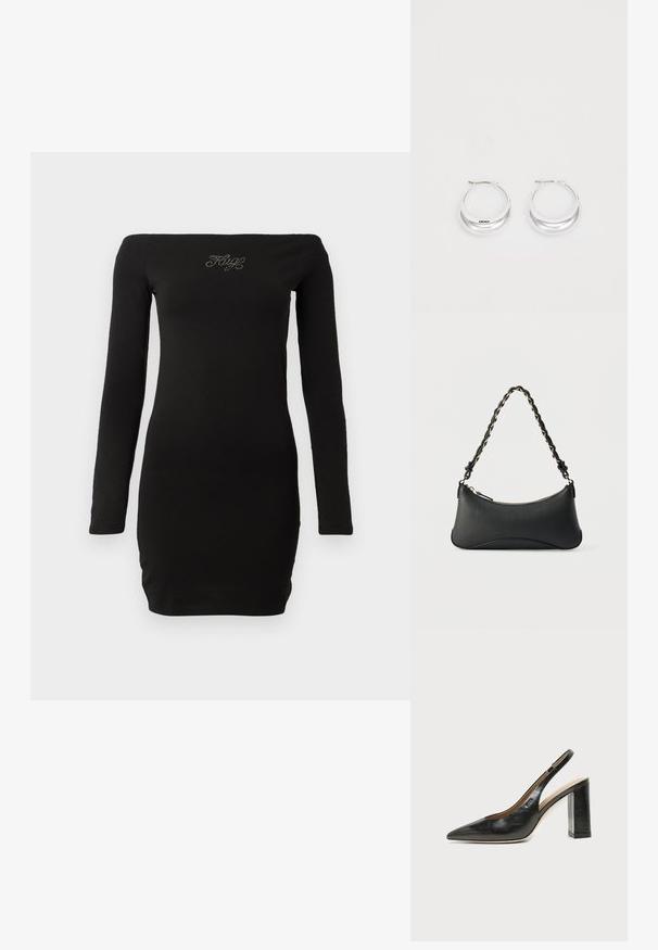 Zwarte off-the-shoulder jurkje met lange mouwen, aansluitend ontwerp, gemaakt van zachte stof, met versierde tekst op de borst.; Zwarte leren slingback schoen met spits toelopend neusje, hoge blokhak en beige binnenvoering tegen een effen lichte achtergrond.; Zwarte lederen schoudertas met een gebogen rechthoekige vorm, gouden ketting verweven in een gevlochten zwarte band, en een ritssluiting bovenop.; Zilveren creolen met een gepolijste afwerking en DKNY-branding, weergegeven tegen een effen witte achtergrond.