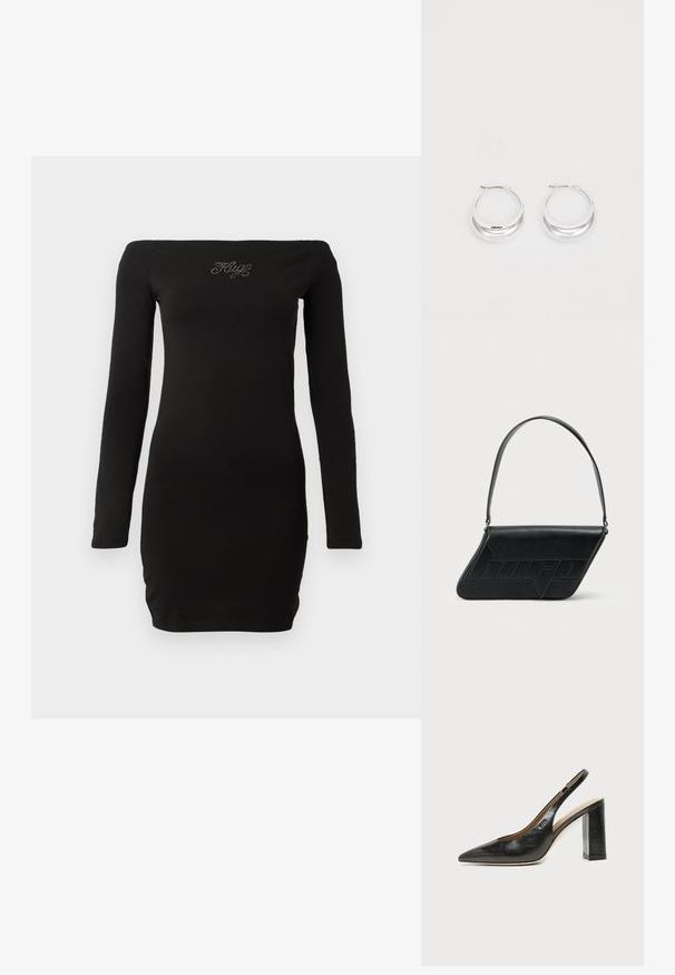 Robe noire à épaules dénudées, à manches longues, design ajusté, en tissu lisse, avec un texte orné sur la poitrine.; Chaussure slingback en cuir noir à bout pointu avec un talon bloc haut et une doublure intérieure beige sur un fond clair uni.; Sac d'épaule en cuir noir de forme triangulaire, avec un logo embossé et une seule bandoulière réglable. Design minimaliste avec une texture lisse.; Boucles d'oreilles en argent avec une finition polie et un branding DKNY, présentées sur un fond blanc uni.