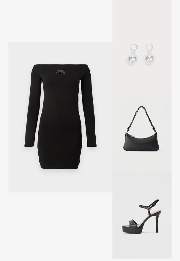 Zwarte off-the-shoulder jurkje met lange mouwen, aansluitend ontwerp, gemaakt van zachte stof, met versierde tekst op de borst.; Zwarte platformsandalen met een hoge naaldhak, voorzien van een glad leren bovenkant, een peep-toe ontwerp en een verstelbare enkelriem met beslag.; Zwarte lederen schoudertas met een gebogen rechthoekige vorm, gouden ketting verweven in een gevlochten zwarte band, en een ritssluiting bovenop.; Zilveren druppeloorbellen met gladde, ronde, reflecterende oppervlakken die hangen aan klapring-sluitingen. Achtergrond is puur wit.