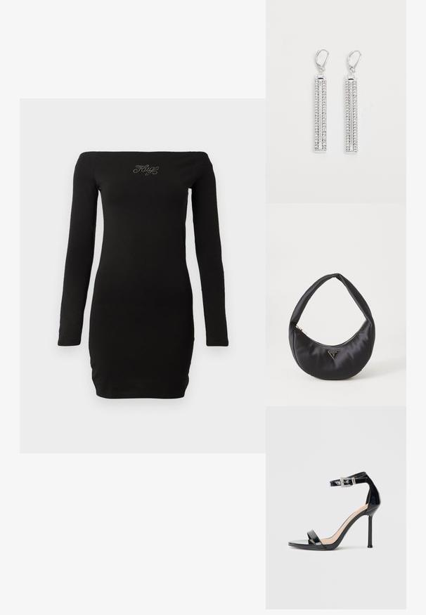 Zwarte off-the-shoulder jurkje met lange mouwen, aansluitend ontwerp, gemaakt van zachte stof, met versierde tekst op de borst.; Zwarte sandalen met hoge hak van lakleer en een enkelriempje. Heeft een minimalistisch ontwerp, open teen en een gesp met strass-steentjes.; Zwarte satin handtas met een gebogen vorm, voorzien van een ritssluiting en een driehoekig metalen logo aan de voorkant. Gladde textuur en een slank ontwerp.; Zilveren oorbellen met twee langwerpige staven, elk bezet met kleine, heldere strassstenen in een lineair patroon. Met hengsluiting.
