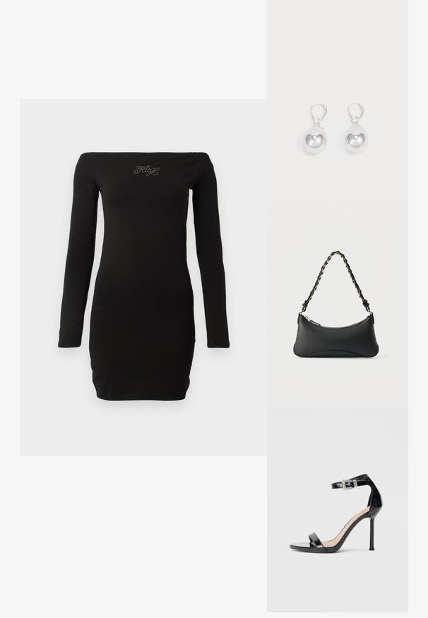 Vestido negro de manga larga y hombros al aire, diseño ajustado, hecho de una tela suave, cuenta con texto adornado en el pecho.; Sandalia de tacón alto en piel sintética negra con correa en el tobillo. Presenta un diseño minimalista, punta abierta y una hebilla con detalles de pedrería.; Bolso de hombro de cuero negro con forma rectangular curvada, cadena dorada entrelazada en una correa negra trenzada y cierre superior con cremallera.; Pendientes de plata en forma de gota con superficies redondas y reflectantes colgando de cierres de palanca. El fondo es blanco liso.