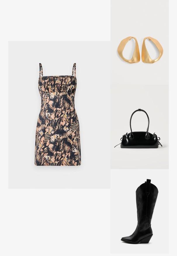 Robe ajustée sans manches avec encolure carrée, fines bretelles et motif floral abstrait en noir, beige et tons pêche.; Botte de cowboy en cuir noir avec bout pointu, talon bloc incliné, couture décorative et languettes en haut sur fond blanc.; Petit sac à main noir brillant avec deux longues anses et des détails à cordon sur les côtés sur un fond clair uni.; Paire de boucles d’oreilles créoles en or irrégulières et asymétriques avec une finition lisse et mate sur un fond neutre.
