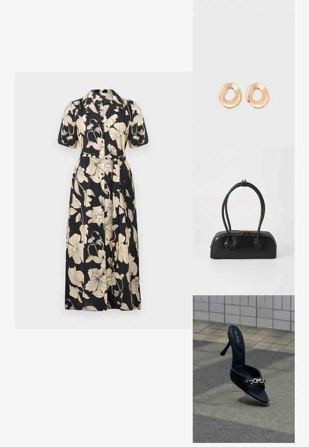Vestido negro de flores con mangas cortas, cuello, cintura ceñida con cinturón y cierre delantero con botones. Presenta grandes patrones florales en color beige por toda la prenda.; Sandalia negra de tacón alto con detalle de cadena dorada en posición vertical sobre una acera exterior cerca de una pared revestida de azulejos. Nombre de la marca ALDO visible en la plantilla.; Bolso de mano de cuero negro con dos asas alargadas, cierre de cremallera y forma redondeada; textura suave con un acabado ligeramente brillante.; Par de pendientes de aro de metal en tono dorado pulido, de forma irregular y con centro abierto, sobre un fondo blanco liso.