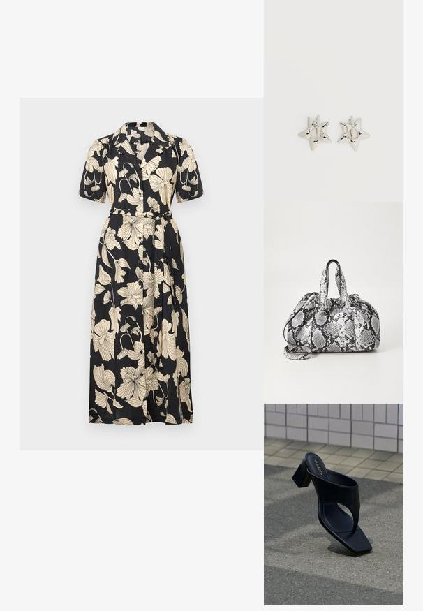 Schwarzes Blumenkleid mit kurzen Ärmeln, Kragen, tailliertem Bund und Knopfleiste. Mit großen beige Blumenmustern durchzogen.; Schwarze Sandale mit Absatz, quadratischer Zehenpartie und breitem Riemen, auf grauem Asphalt nahe einer gefliesten Wand platziert.; Schwarz-weiße Handtasche im Schlangenhautmuster mit zwei Griffen, einem Kordelzugverschluss und einem abnehmbaren Schultergurt. Glatte Textur.; Silberne, sternförmige Creolen mit einer glatten, polierten Oberfläche auf weißem, schlichtem Hintergrund.