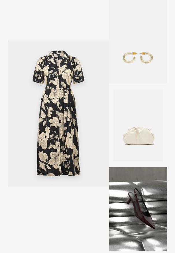 Zwarte bloemenjurk met korte mouwen, kraag, ceintuur op de taille en een knoopsluiting aan de voorkant. Voorzien van grote beige bloemmotieven verspreid over de stof.; Glanzende donkerrode slingback pumps met hoge hak en puntige neus, gepresenteerd op een glanzend zilveren, getuft leren oppervlak.; Zachte, crèmekleurige leren clutch met geplooid, gerimpeld ontwerp en een dunne schouderriem die vooraan op een effen achtergrond ligt.; Gouden hoepel oorbellen met een zachte, ronde vorm en een gepolijste afwerking. Kenmerkt oranje accenten aan de achterkant voor een veilige bevestiging.