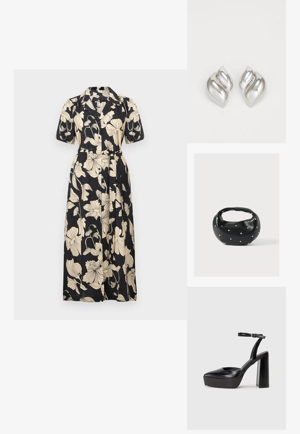 Vestido negro de flores con mangas cortas, cuello, cintura ceñida con cinturón y cierre delantero con botones. Presenta grandes patrones florales en color beige por toda la prenda.; Zapatos de tacón negro con punta afilada y correa ajustable en el tobillo. Confeccionados en cuero suave, presentan un tacón grueso.; Bolso de mano de cuero negro con forma redondeada, decorado con detalles de tachuelas plateadas y un asa corta. Textura lisa y cierre con cremallera.; Pendientes de plata con una forma orgánica y abstracta. Superficie lisa y brillante con un diseño cónico. Presentan suaves curvas y un detalle de línea central.