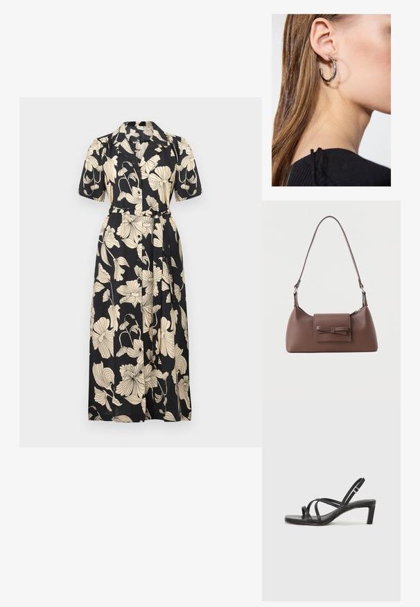 Vestido negro de flores con mangas cortas, cuello, cintura ceñida con cinturón y cierre delantero con botones. Presenta grandes patrones florales en color beige por toda la prenda.; Sandalia negra de tiras con punta cuadrada y tacón bajo de bloque. Presenta múltiples tiras delgadas y una correa ajustable en el tobillo. Fabricada en cuero suave.; Bolso bandolera de cuero marrón con un bolsillo frontal de solapa que presenta un detalle de moño cosido y una correa ajustable.; Pendiente de aro de plata con un acabado pulido, que presenta pequeños detalles en dorado y una forma redonda, llevado en el lóbulo.