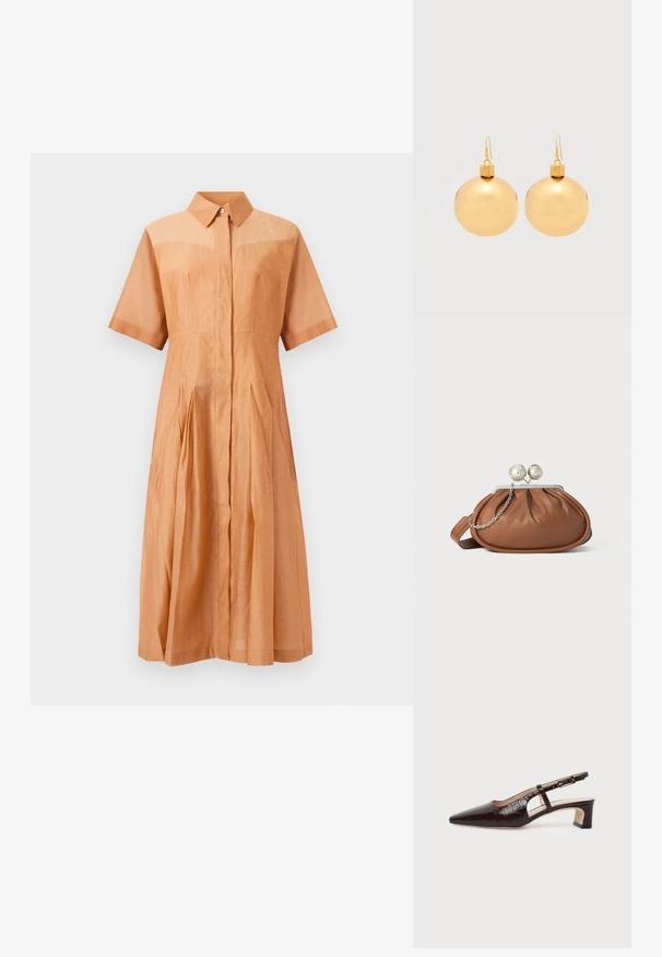 Lichtbruine midi-jurk met korte mouwen, kraag, verborgen knopen aan de voorkant, getailleerde taille en geplooide rok.; Donkerbruine slingback schoen van krokodillenleer met een puntige neus, lage blokhak en verstelbare gouden gesp.; Bruine leren clutch met een zilveren balsluiting en een klein zilveren kettingdetail op een witte achtergrond.; Een paar glanzende gouden kerstbal-oorbellen met haaksluitingen op een effen witte achtergrond.