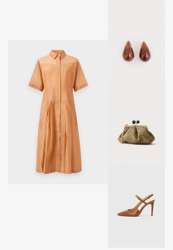 Lichtbruine midi-jurk met korte mouwen, kraag, verborgen knopen aan de voorkant, getailleerde taille en geplooide rok.; Bruine leren slingback pumps met hoge hak en spitse neus, voorzien van gekruiste bandjes en een gestructureerde houten hak. Gouden accent op het bandje.; Kleine clutch tas met goud-zwart geometrisch patroon, goudkleurig metalen frame, zwarte bolsluiting en een korte gouden kettingband.; Een paar glanzende bruine druppelvormige oorbellen met subtiele donkerdere patronen op een witte achtergrond.