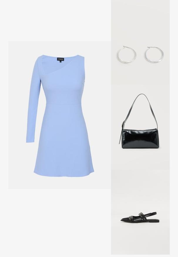 Lichtblauwe jurk met één lange mouw, aangesloten lijfje en uitlopende rok. Gemaakt van een gladde stof met een subtiele glans en diagonale naaddetails.; Even&Odd by Zalando Slingback ballerina´s - black; Zwarte rechthoekige schoudertas met een enkele verstelbare band en een bovenste ritssluiting op een effen achtergrond.; Zilverkleurige metalen creolen oorbellen met een glad, licht gebogen oppervlak en sluitingen met haaksluiting op een effen witte achtergrond.