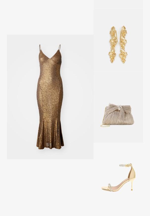 Gouden pailletten jurk met een aansluitende silhoutte, spaghettibandjes en een uitlopende zoom. De textuur van het oppervlak weerkaatst licht en versterkt de glans.; Gouden stiletto sandaal met een dunne hoge hak, enkelbandje en teenbandje met kristalversiering, en een vierkante open teen design.; Metalen gouden clutch tas van geplooid stof, met een strikdetail aan de bovenkant en een gouden kettingband voor veelzijdigheid en gemakkelijk dragen.; Gouden oorbellen ontworpen als watervallen van bladeren, met gedetailleerde bladvormen en een glanzende metalen afwerking. Lichtgewicht met een delicate structuur.