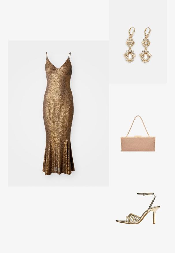 Gouden pailletten jurk met een aansluitende silhoutte, spaghettibandjes en een uitlopende zoom. De textuur van het oppervlak weerkaatst licht en versterkt de glans.; Gouden hooggehakte sandaal met smalle bandjes, enkelgesp, open teen en slanke stilettohak op een witte achtergrond.; Metalen roségouden clutch tas met een gestructureerd gaasoppervlak, goudkleurige hardware en een dunne, gevlochten schouderriem.; Gouden hangoorbellen met een clusterontwerp, versierd met ronde en druppelvormige heldere kristallen, die zich kenmerken door ingewikkelde details.