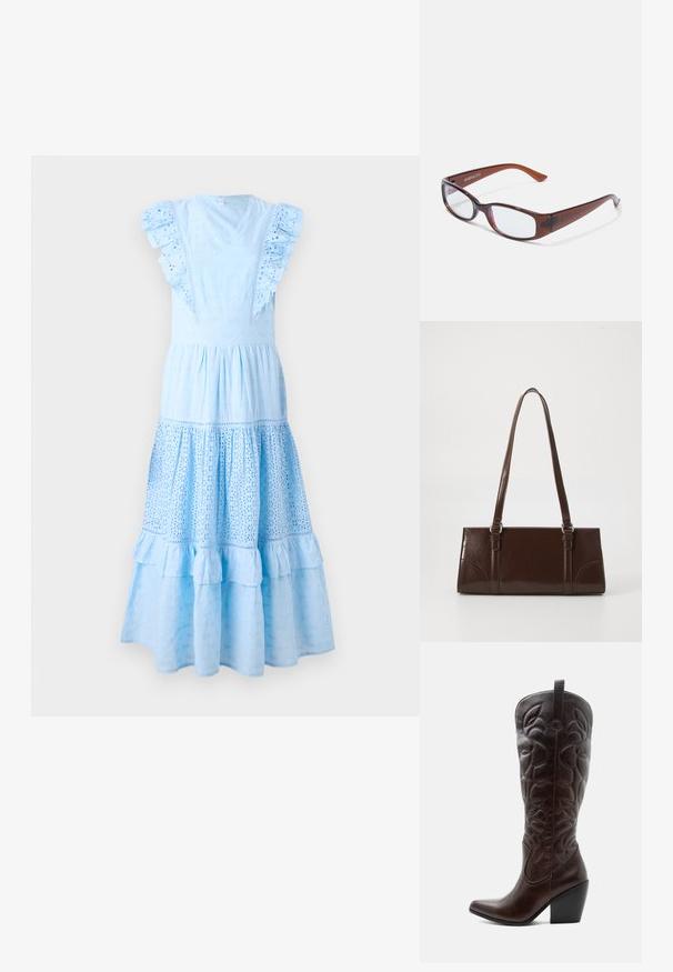 Vestido de algodón azul claro con mangas con volantes, escote en V y patrones bordados. Falda de capas con detalle de volantito en el dobladillo.; Bota vaquera alta de cuero marrón oscuro con patrones decorativos cosidos, punta puntiaguda y tacón de bloque apilado.; Gafas rectangulares con tintado marrón y acabado brillante, con varillas delgadas y lentes transparentes. Logo visible en la patilla izquierda.; Bolso de mano de piel sintética marrón con forma rectangular, dos asas largas y sutiles acentos curvados en la parte delantera.