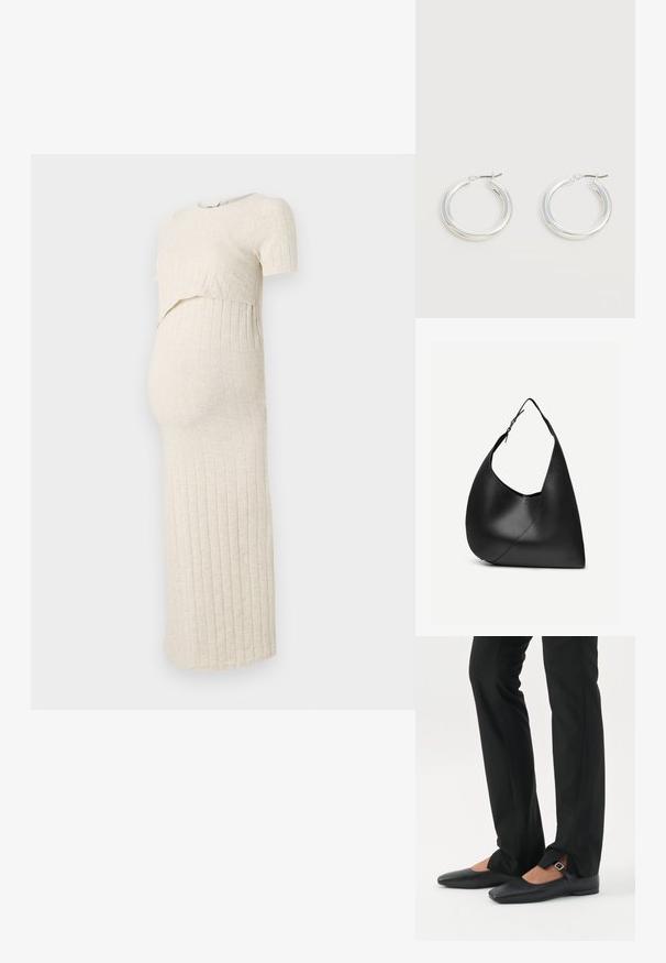 Schwangerschaftskleid in hellbeige mit gerippter Textur. Es hat einen kurzen Oberteil und einen engen Rock, der für einen wachsenden Babybauch konzipiert ist.; Beine in schwarzen schmalen Hosen mit vorderen Schlitzen am Saum, kombiniert mit schwarzen flachen Mary-Jane-Schuhen mit kleinem Schnallenriemen.; Schwarze Leder-Schultertasche mit geschwungener dreieckiger Form, einem verstellbaren Einzelriemen und sichtbarer diagonaler Naht auf der Vorderseite.; Paar mittelgroße glänzende silberne Hoop-Ohrringe mit dünnen Metallverschlüssen auf hellem neutralem Hintergrund.