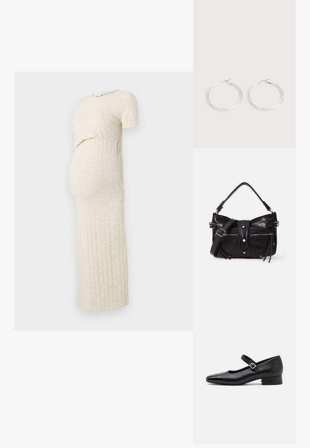 Vestido de maternidad en beige claro con una textura acanalada. Presenta un top corto y una falda ajustada, diseñada para acomodar una barriga en crecimiento.; Zapatos Mary Jane de cuero negro con puntera de charol, correa de tobillo ajustable y tacón bajo. Textura suave y diseño elegante.; Even&Odd by Zalando H24462 - Bolso de mano - black; Pareja de pendientes de aro plateados brillantes con cierres de alambre delgado, mostrados sobre un fondo gris claro.