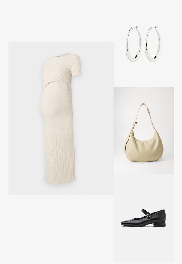 Vestido de maternidad en beige claro con una textura acanalada. Presenta un top corto y una falda ajustada, diseñada para acomodar una barriga en crecimiento.; Zapatos Mary Jane de cuero negro con puntera de charol, correa de tobillo ajustable y tacón bajo. Textura suave y diseño elegante.; Bolso de hombro de cuero beige con forma curva, correa ajustable y detalle de logo en relieve, que presenta una textura suave y un diseño minimalista.; Pendientes de aro de plata con un acabado suave y brillante. Forma circular, con un cierre seguro. Diseño sencillo y elegante.
