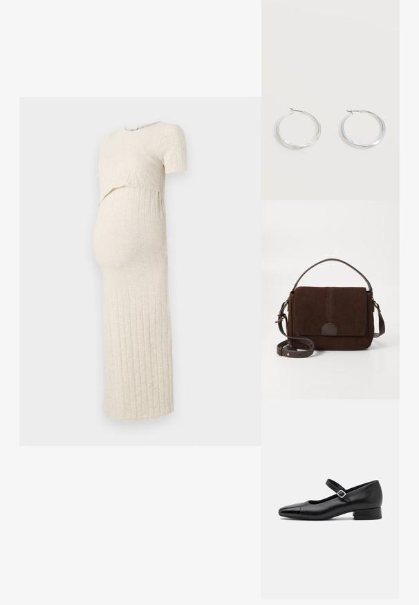 Schwangerschaftskleid in hellbeige mit gerippter Textur. Es hat einen kurzen Oberteil und einen engen Rock, der für einen wachsenden Babybauch konzipiert ist.; Schwarze Leder-Mary-Jane-Schuhe mit einer patentierten Zehenkappe, verstellbarem Knöchelriemen und niedrigem Blockabsatz. Glatte Textur und elegantes Design.; Braune Wildleder-Umhängetasche mit flacher Vorderklappe, braunen-Lederausführungen, verstellbarem Riemen und minimalistischem Design.; Silberne Metallcreolen mit glatter, leicht gebogener Oberfläche und Klappverschluss vor schlicht weißem Hintergrund.