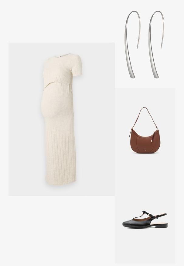 Schwangerschaftskleid in hellbeige mit gerippter Textur. Es hat einen kurzen Oberteil und einen engen Rock, der für einen wachsenden Babybauch konzipiert ist.; Schwarzer flacher Lederslingback-Schuh mit T-Riemen und goldener Schnalle auf neutralem Hintergrund.; Braune Kunstleder-Schultertasche mit geschwungener Form, minimaler Naht und goldfarbener Hardware-Akzent. Verfügt über einen oberen Reißverschluss und einen verstellbaren Trageriemen.; Lange silberne Tropfohrringe mit einem eleganten, länglichen Design und einer glatten, polierten Oberfläche. Sie verfügen über eine minimalistische geschwungene Form.