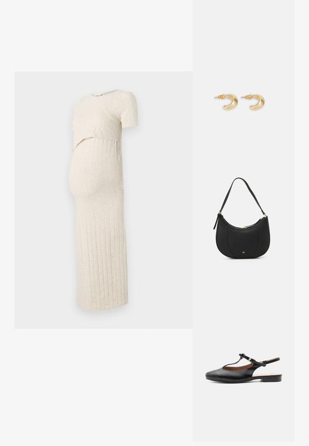 Schwangerschaftskleid in hellbeige mit gerippter Textur. Es hat einen kurzen Oberteil und einen engen Rock, der für einen wachsenden Babybauch konzipiert ist.; Schwarzer flacher Lederslingback-Schuh mit T-Riemen und goldener Schnalle auf neutralem Hintergrund.; Schwarze Lederhandtasche mit geschwungenem Design, strukturiertem Material, vorderen Nähten und einem Logo in Goldtönen. Verfügt über einen einzelnen verstellbaren Tragegurt.; Goldene, mondförmige Ohrringe mit glatter Oberfläche, die orangefarbene Akzente nahe dem Stecker und silberne Beschläge aufweisen.