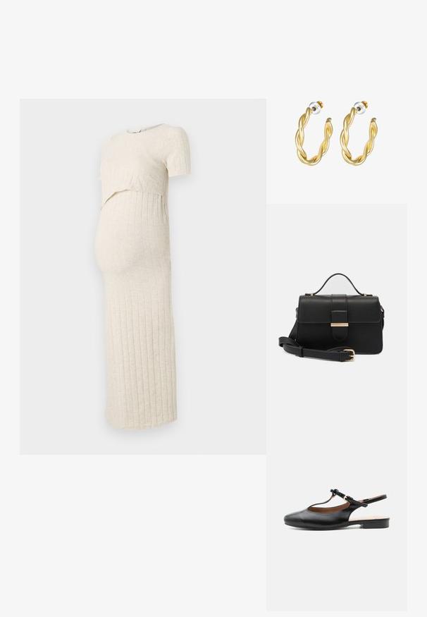 Vestido de maternidad en beige claro con una textura acanalada. Presenta un top corto y una falda ajustada, diseñada para acomodar una barriga en crecimiento.; Zapato plano slingback de cuero negro con T-correa y hebilla dorada sobre fondo neutro.; Bolso de mano de cuero negro con acentos metálicos dorados, forma rectangular, cierre con solapa, correa de hombro ajustable, textura suave, diseño minimalista.; Pendientes de aro retorcidos en oro con una superficie lisa, que cuentan con un respaldo transparente y herrajes en tono dorado.
