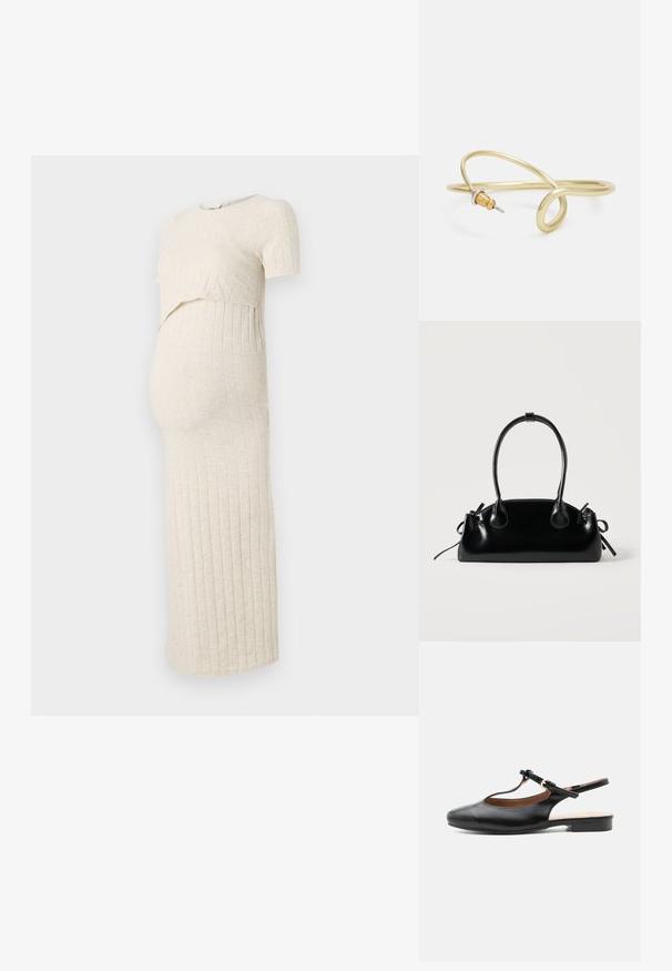 Äitiysmekko vaaleassa beigestä, jossa on ribbitekstuuri. Siinä on lyhyt yläosa ja tiukka hame, suunniteltu kasvavan vatsan mukauttamiseen.; Musta nahkainen matala slingback-kenkä, jossa T-remmi ja kultainen solki neutraalilla taustalla.; Pieni musta kiiltävä käsilaukku, jossa on kaksi pitkää kantokahvaa ja sivulla nyöritys yksityiskohtia yksinkertaisella vaalealla taustalla.; Kultainen metallinen ranneketju, jossa on sulava ja kaareva muotoilu. Yhdessä päässä on pieni, hallitseva hopeanvärinen korostus.