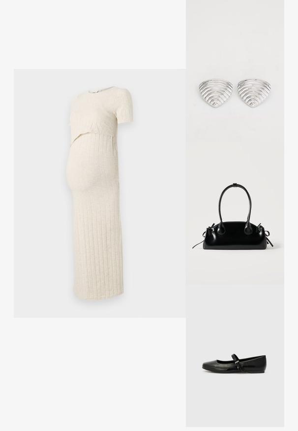 Vestido de maternidad en beige claro con una textura acanalada. Presenta un top corto y una falda ajustada, diseñada para acomodar una barriga en crecimiento.; Bailarinas de cuero negro con punta redondeada, suela plana y una delgada correa ajustable en el empeine que cuenta con una hebilla de metal.; Pequeño bolso negro brillante con dos asas largas y detalles de cordón lateral sobre un fondo claro liso.; Pendientes en tono plateado con un diseño ondulado y texturizado, con forma de media lunas superpuestas; el acabado pulido realza las cualidades reflectantes.