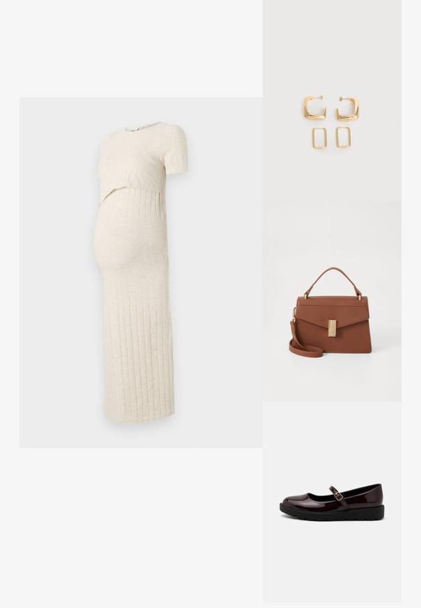 Vestido de maternidad en beige claro con una textura acanalada. Presenta un top corto y una falda ajustada, diseñada para acomodar una barriga en crecimiento.; Zapatos Mary Jane en burdeos brillante con punta redondeada, correa ajustable con hebilla y suela de plataforma texturizada negra.; Bolso de mano de imitación cuero marrón con un diseño estructurado, asa superior, correa desmontable y un cierre en tono dorado. Superficie texturizada con solapa angular.; Dos pares de pendientes de aro geométricos en tono dorado sobre una superficie blanca lisa, un par cuadrados y sólidos, un par rectangulares y huecos.
