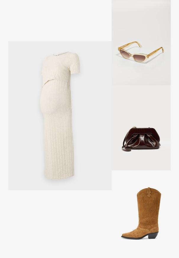 Schwangerschaftskleid in hellbeige mit gerippter Textur. Es hat einen kurzen Oberteil und einen engen Rock, der für einen wachsenden Babybauch konzipiert ist.; Braune Wildleder-Cowboy-Stiefel mit spitzer Zehenform, gewelltem oberen Rand, dekorativer Stickerei und niedrigem, gestapeltem Absatz. Die strukturierte Oberfläche weist florale Muster auf.; Katze-Augen-Sonnenbrille mit transparenten gelben Rahmen, braunen Verlaufsgläsern und strukturierten seitlichen Akzenten. Schlankes Design mit glatter Oberflächenbeschaffenheit.; Dunkelbraune, glänzende Leder-Clutch mit plissiertem Design und dünnem Handgelenkriemen vor weißem Hintergrund.