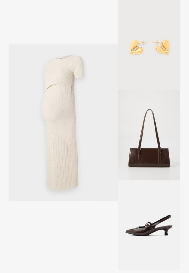 Schwangerschaftskleid in hellbeige mit gerippter Textur. Es hat einen kurzen Oberteil und einen engen Rock, der für einen wachsenden Babybauch konzipiert ist.; Marco Tozzi Pumps - cinnamon; Braune Lackleder-Handtasche in rechteckiger Form, mit zwei langen Griffen und subtilen, geschwungenen Akzenten auf der Vorderseite.; Ohrstecker in Herzform mit Gold-Ton, glattem, geschwungenem Design und Schmetterlingsverschlüssen auf weißem Hintergrund.