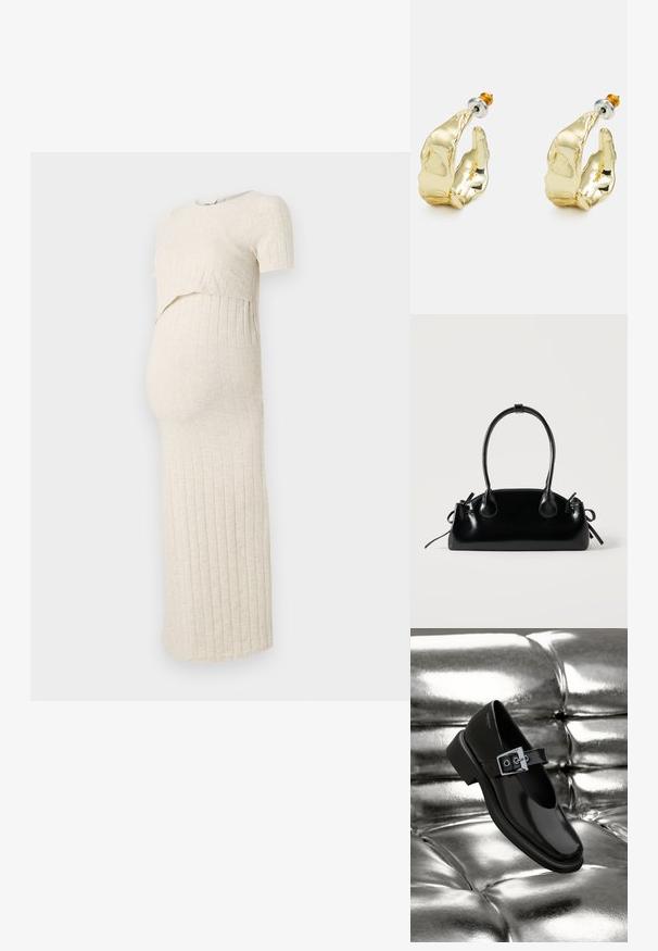 Schwangerschaftskleid in hellbeige mit gerippter Textur. Es hat einen kurzen Oberteil und einen engen Rock, der für einen wachsenden Babybauch konzipiert ist.; Schwarze Leder-Mary-Jane-Schuhe mit quadratischer Zehenform, einem silbernen Schnallenakzent und einem robusten, niedrigen Absatz, vor einem glänzenden silbernen Hintergrund.; Kleine schwarze glänzende Handtasche mit zwei langen Griffen und seitlichen Kordelzug-Details vor einfachem hellem Hintergrund.; Goldfarbene Ohrringe in Form abstrakter Hände, mit einer glänzenden Oberfläche, filigranen Details und einem Silber- und Goldstift für sicheren Halt.