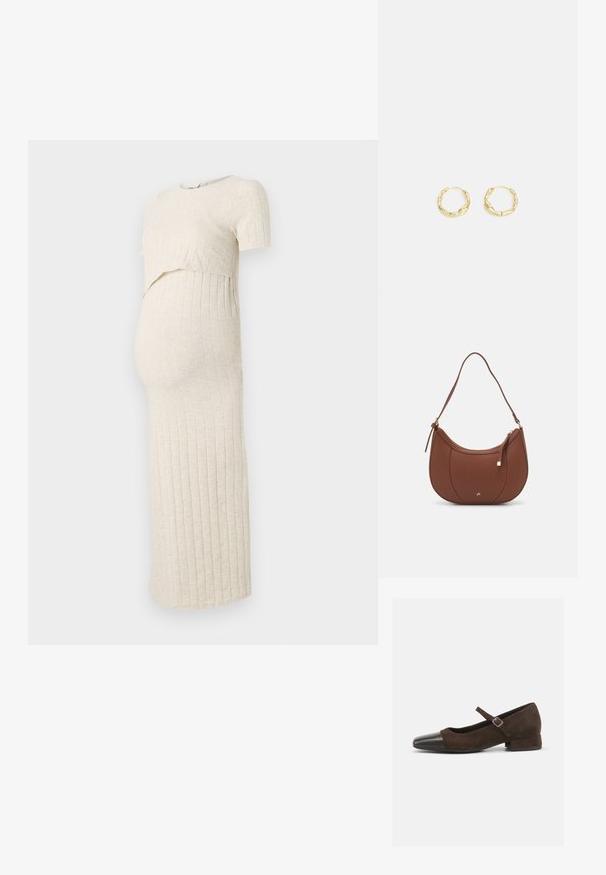 Vestido de maternidad en beige claro con una textura acanalada. Presenta un top corto y una falda ajustada, diseñada para acomodar una barriga en crecimiento.; Zapato Mary Jane de ante marrón con una puntera de charol negro, correa ajustable y un tacón bajo. Textura suave con acentos mínimos.; Bolso de hombro de imitación cuero marrón con forma curva, costura mínima y un acento de hardware en tono dorado. Presenta un cierre de cremallera en la parte superior y una correa ajustable.; Pendientes de aro de oro con una superficie texturizada e irregular. Presentan un diseño ligero y una forma circular, aptos para el uso diario.
