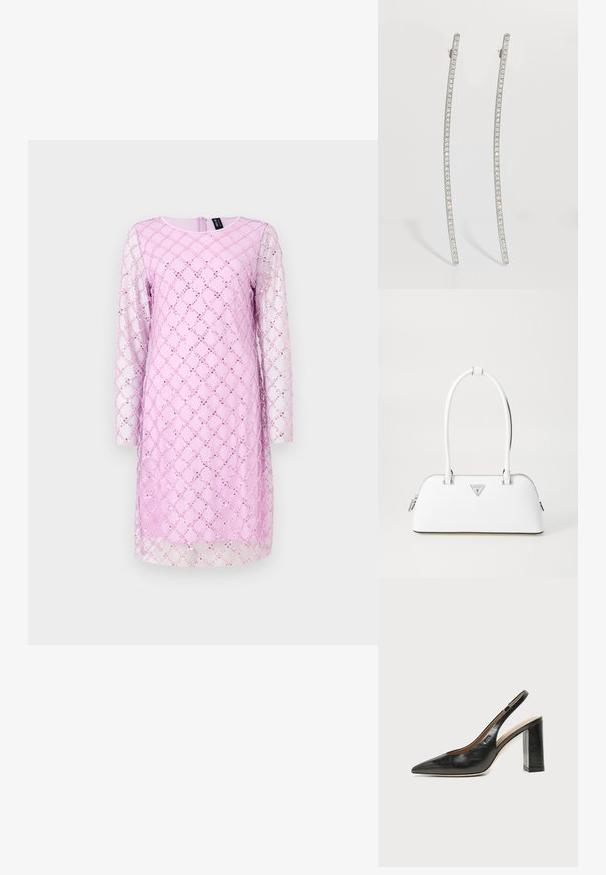 Langærmet kjole i lys pink med et diamantmønster, der har perler og et gennemsigtigt overlay. Rund halsudskæring og lynlås i ryggen.; Sort læder peep-toe slingback sko med høj blokhæl og beige indvendig foring mod en ensfarvet lys baggrund.; Hvid lædertaske med en buet form, der har et sølvtrapezlogo og lynlåslukning. Glat tekstur og dobbelthåndtag.; Sølvfarvede, aflange øreringe med buet design, der har en række klare krystaller langs de ydre kanter for ekstra glans.