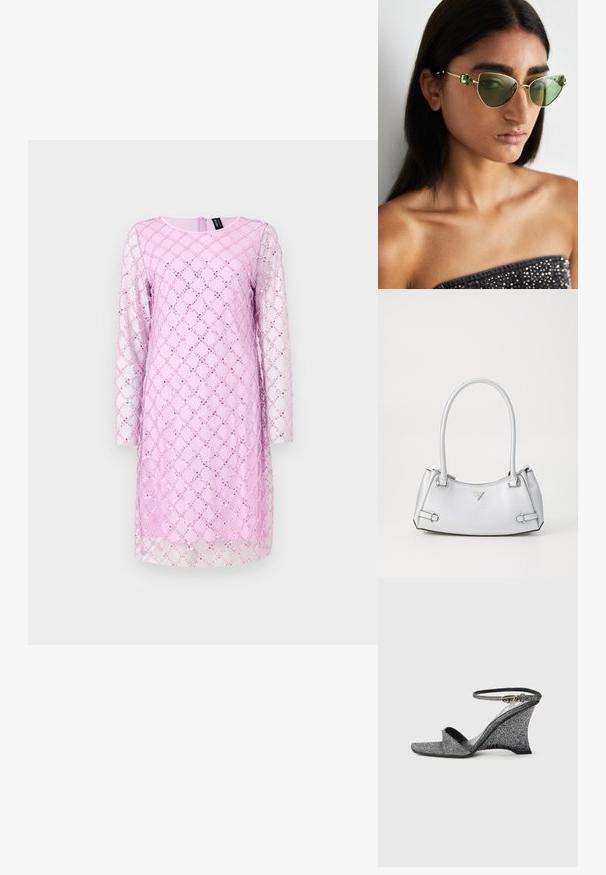 Vestido de manga larga en rosa claro con un patrón de diamantes que presenta lentejuelas y una superposición transparente. Escote redondo y cremallera en la parte posterior.; Sandalia de cuña con brillo plateado, puntera abierta, hebilla dorada en el tobillo, vista lateral sobre fondo claro liso.; Gafas de sol estilo cat-eye con marco dorado y lentes tintados en verde, que presentan un gran acento verde en el lateral y un diseño metálico elegante.; Bolso de mano plateado con un diseño estructurado, que cuenta con dos asas, textura brillante, herrajes de acento y un logo triangular en la parte frontal.