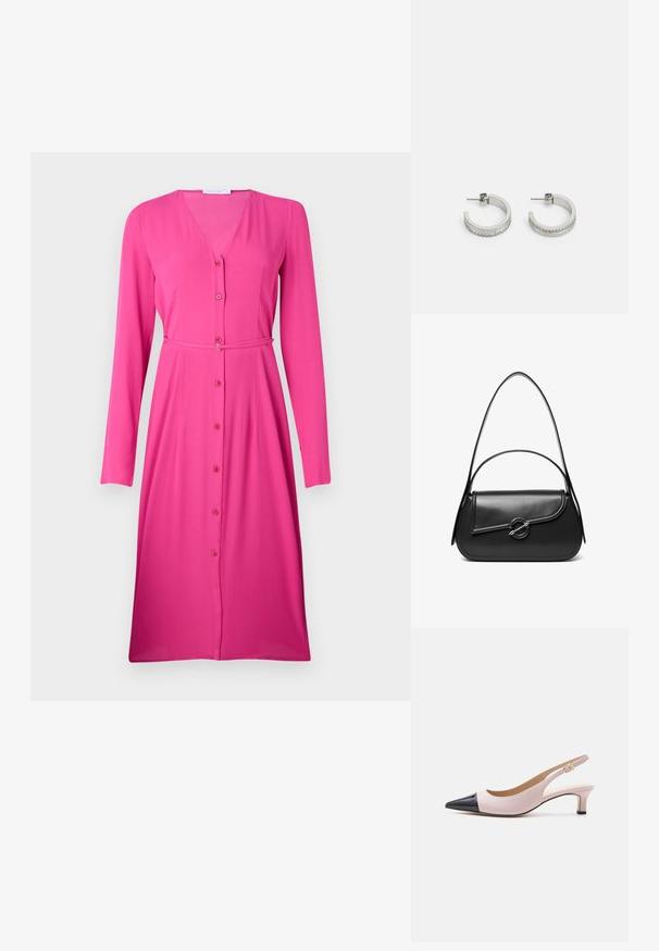 Langærmet, lyserød kjole lavet af glat stof. V-halsudskæring med knaplukning foran og et bælte i matchende stof i taljen.; Tofarvet beige og sort slingback sandal med kitten heel, spids tå og lille guldbeklædt spænde på hvid baggrund.; Sort skuldertaske i læder med en buet klap, der er fastgjort med en rund metal spænde, og en slank, justerbar rem.; Sølvøreringe i hoop-stil med en glat overflade og en række små klare sten langs den nederste kant, med en post-back lukning.