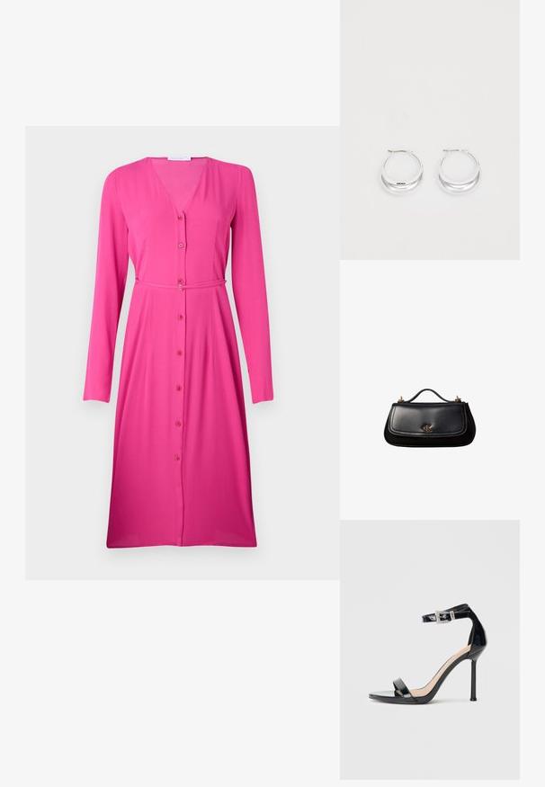 Langærmet, lyserød kjole lavet af glat stof. V-halsudskæring med knaplukning foran og et bælte i matchende stof i taljen.; Sort højhælet sandal i laklæder med ankelrem. Har minimalistisk design, åben tå og spænde med rhinsten-detaljer.; Sort lædertaske med et lille håndtag, guldfarvet "cK" logo på frontklappen og guldfarvede hardware-accenter.; Sølv hoops øreringe med en poleret overflade og DKNY branding, præsenteret mod en simpel hvid baggrund.