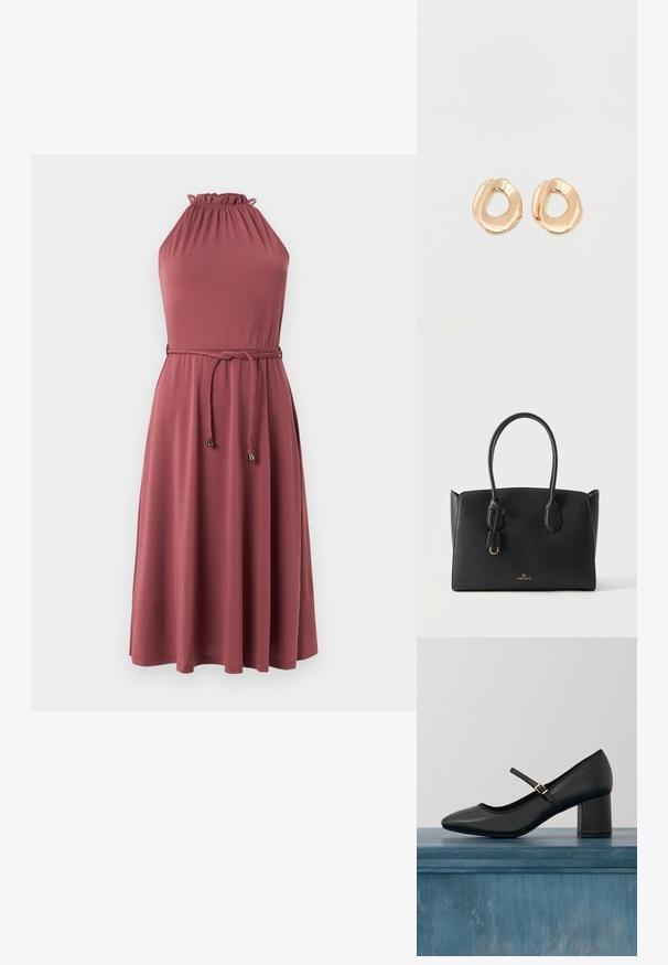 Robe midi sans manches couleur rose poudré avec encolure froncée et ceinture tressée nouée à la taille.; Chaussure Mary Jane noire avec talon carré et sangle à boucle dorée, flottant au-dessus d'un sol en béton lisse dans un cadre intérieur minimaliste.; Sac à main rectangulaire noir avec deux poignées, petit détail anneau doré et logo "ANNA FIELD" au centre avant sur fond blanc.; Paired boucles d'oreilles en métal doré poli de forme irrégulière avec un centre ouvert sur un fond blanc uni.