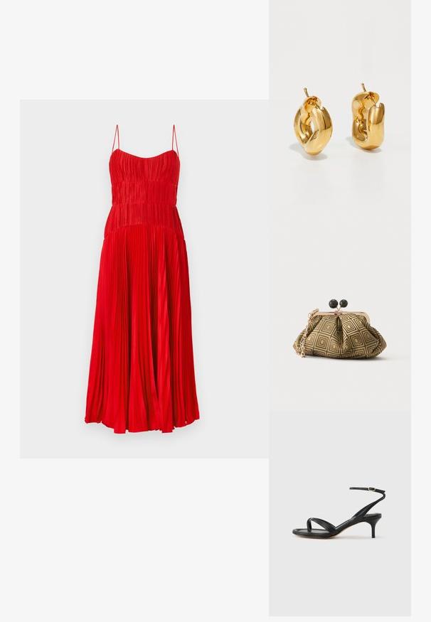 Robe plissée rouge avec un corsage ajusté et des bretelles spaghetti, dotée d'une jupe fluide qui arrive à mi-mollet. Texture lisse.; Sandale pour femme en cuir noir avec fines lanières, une boucle d'orteil, une boucle à la cheville et un talon aiguille de hauteur moyenne sur un fond neutre.; Petite pochette avec motif géométrique doré et noir, cadre en métal doré, fermeture à boule noire et une courte chaîne dorée.; Boucles d'oreilles créoles en or massif avec un design tubulaire légèrement tordu et des fermoirs à tige sur un fond blanc.