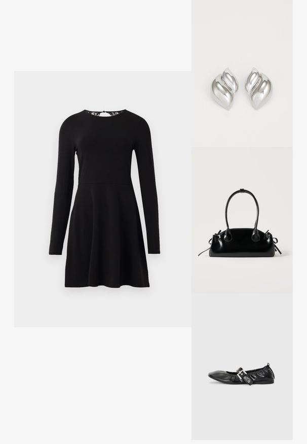 Schwarzes langärmliges Kleid mit weitem Rock und eng anliegendem Oberteil, mit einer Spitzenverzierung am Rückenausschnitt. Glatte Stoffoberfläche.; Schwarze Leder-Ballerinas mit spitzem Zehenbereich, gerafften Details am Schaft und einem silbernen Schnallenakzent am verstellbaren Riemen.; Kleine schwarze glänzende Handtasche mit zwei langen Griffen und seitlichen Kordelzug-Details vor einfachem hellem Hintergrund.; Silberne Ohrringe mit einer organischen, abstrakten Form. Glatte, glänzende Oberfläche mit einem konischen Design. Mit dezenten Kurven und einem zentralen Linienelement.